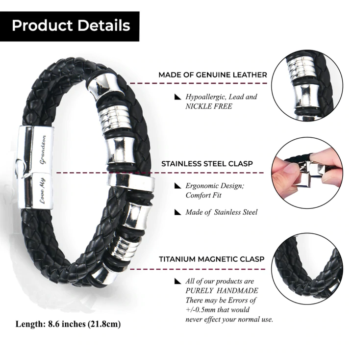 To My Grandson, Inspirational Leather Bracelet Bangle with Message Card Gifts For Man-Jessemade AU