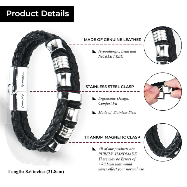 To My Grandson, Inspirational Leather Bracelet Bangle with Message Card Gifts For Man-Jessemade AU