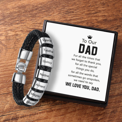 Personalised Braided Leather Mens Bracelet With Custom Engraved 7 Kids Names - Father's Day Gift for Dad | Jessemade-Jessemade AU