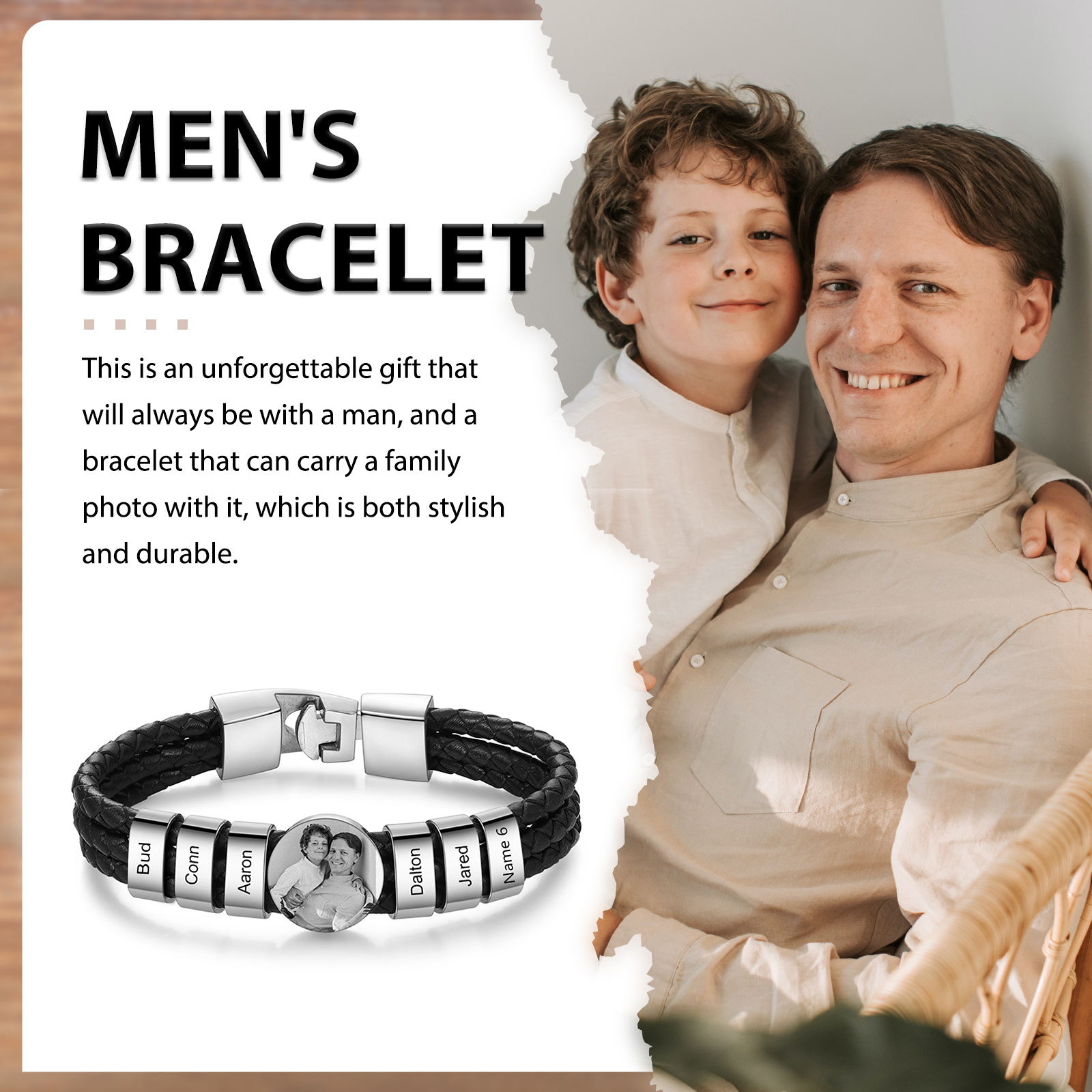Personalised Men's Leather Bracelet Custom 6 Names & 1 Photo Braided Bracelet Father's Day Gifts for Him-Jessemade AU