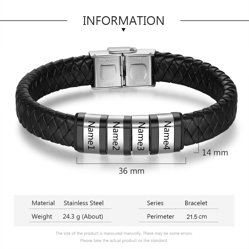Men Leather Braided Bracelet Personalised with 6 Names Black-Jessemade AU