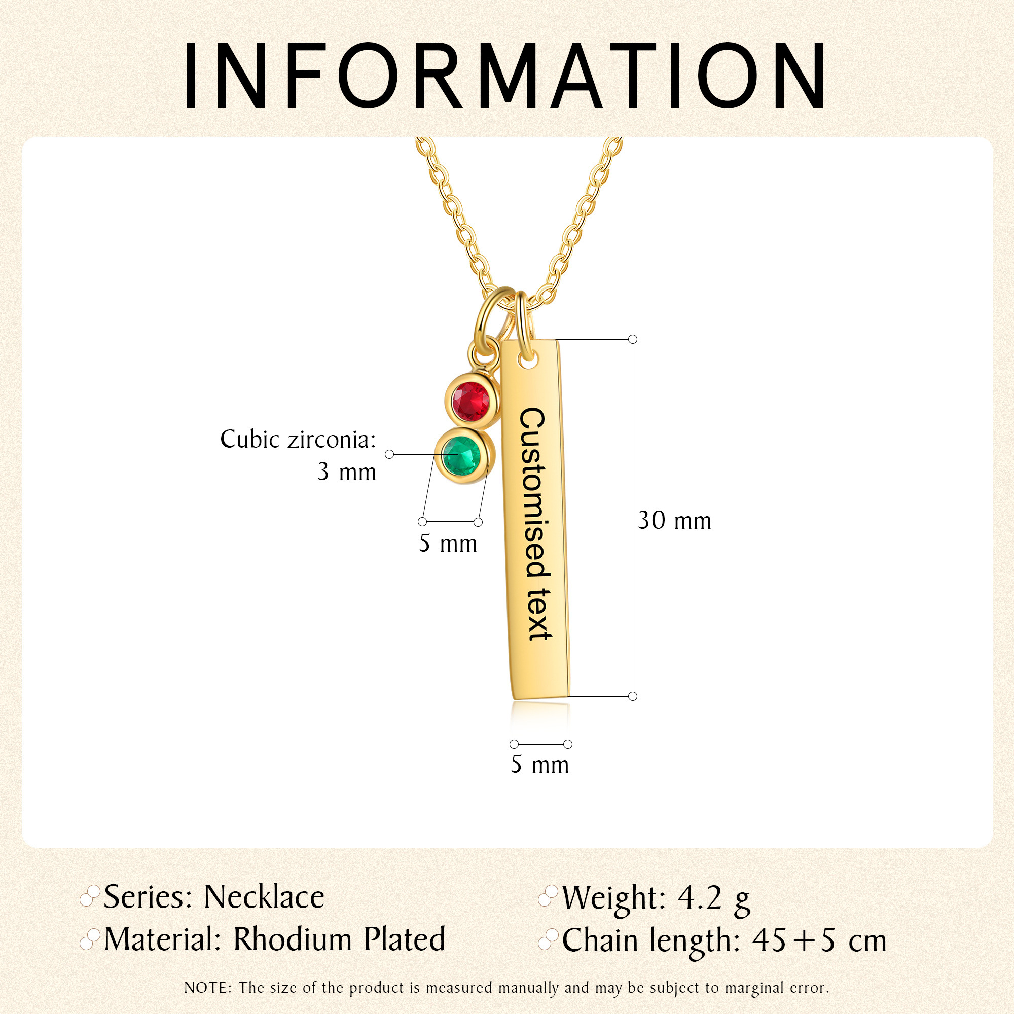 Personalised Bar Pendant Necklace Custom 2 Birthstones & 1 Text Necklace Birthday Gift for Her-Jessemade AU