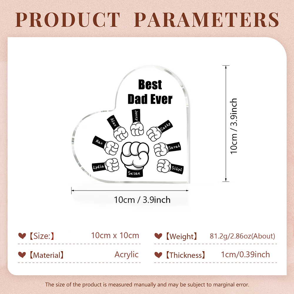 Personalised Acrylic Heart Keepsake Custom 8 Names & 1 Text Fist Bump Ornaments Gifts for Dad/Grandpa-Jessemade AU