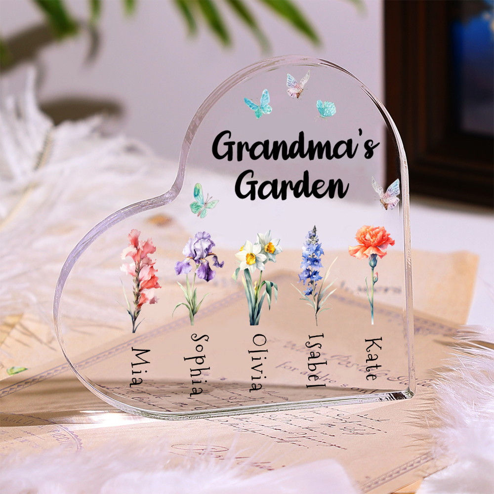 Personalised Acrylic Heart Keepsake Custom 1–6 Names & Birth Flowers Ornaments Gifts for Grandma - Grandma's Garden-Jessemade AU