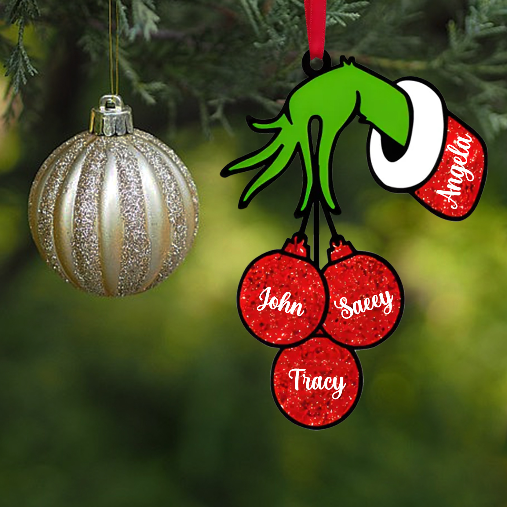 4 Names - Personalised Wooden Christmas Ornaments Customised Name Grinch Christmas Ornament Gifts for Family Friends-Jessemade AU