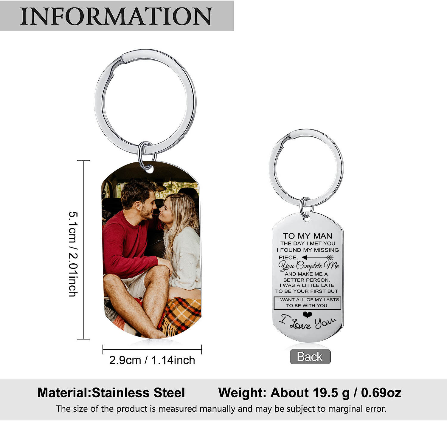 To My Man/Woman Custom Photo Keyring Couple Keychain Stainless Steel Keychain Valentine's Day Gift for Couples-Jessemade AU