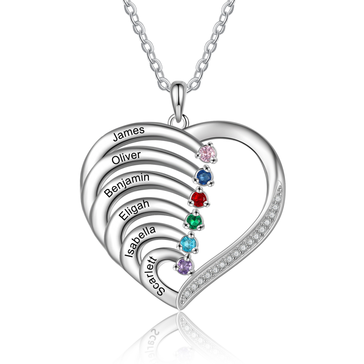 Personalised Mother Necklace 6 Stones Engraved 6 Names Birthstone Intertwined Heart Pendant Gifts for Her-Jessemade AU