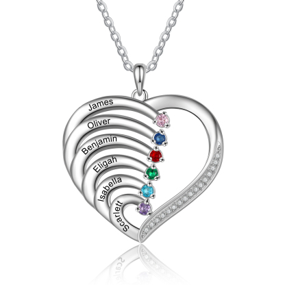 Personalised Mother Necklace 6 Stones Engraved 6 Names Birthstone Intertwined Heart Pendant Gifts for Her-Jessemade AU