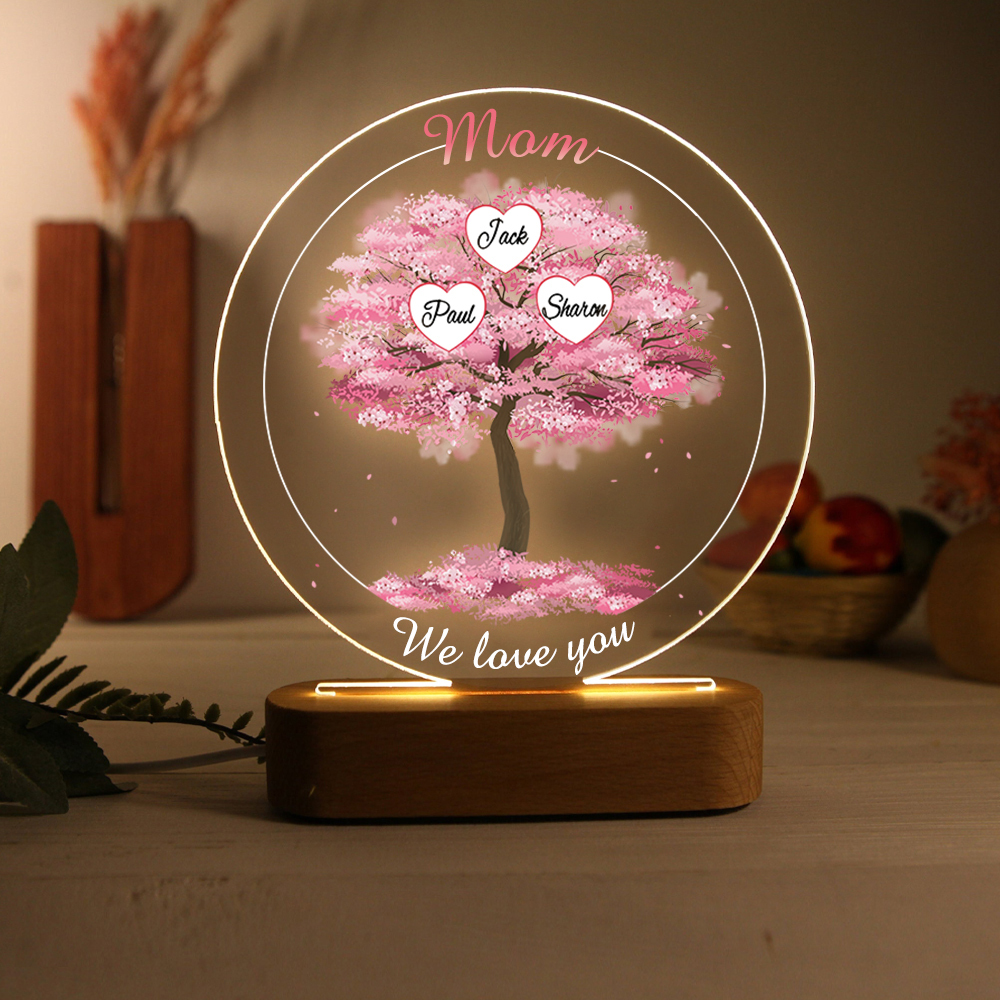 3 Names - Personalised Acrylic Night Light Custom 2 Texts Pink Family Tree LED Lamp Gifts for Mother/Grandma-Jessemade AU