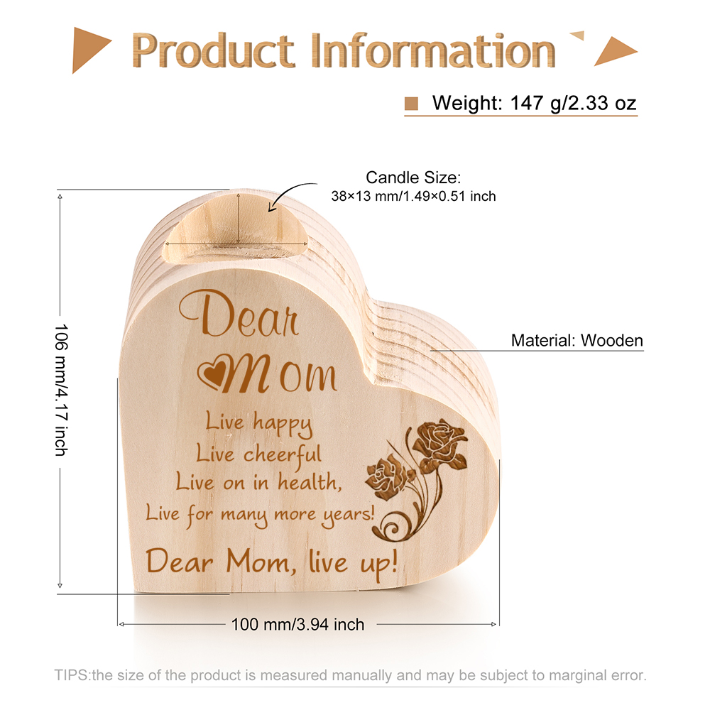 To My Dear Mom Heart Candle Holder Wooden Candlestick "live happy live cheerful"-Jessemade AU