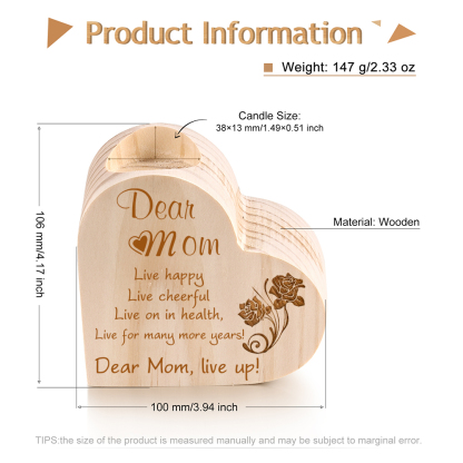 To My Dear Mom Heart Candle Holder Wooden Candlestick "live happy live cheerful"-Jessemade AU