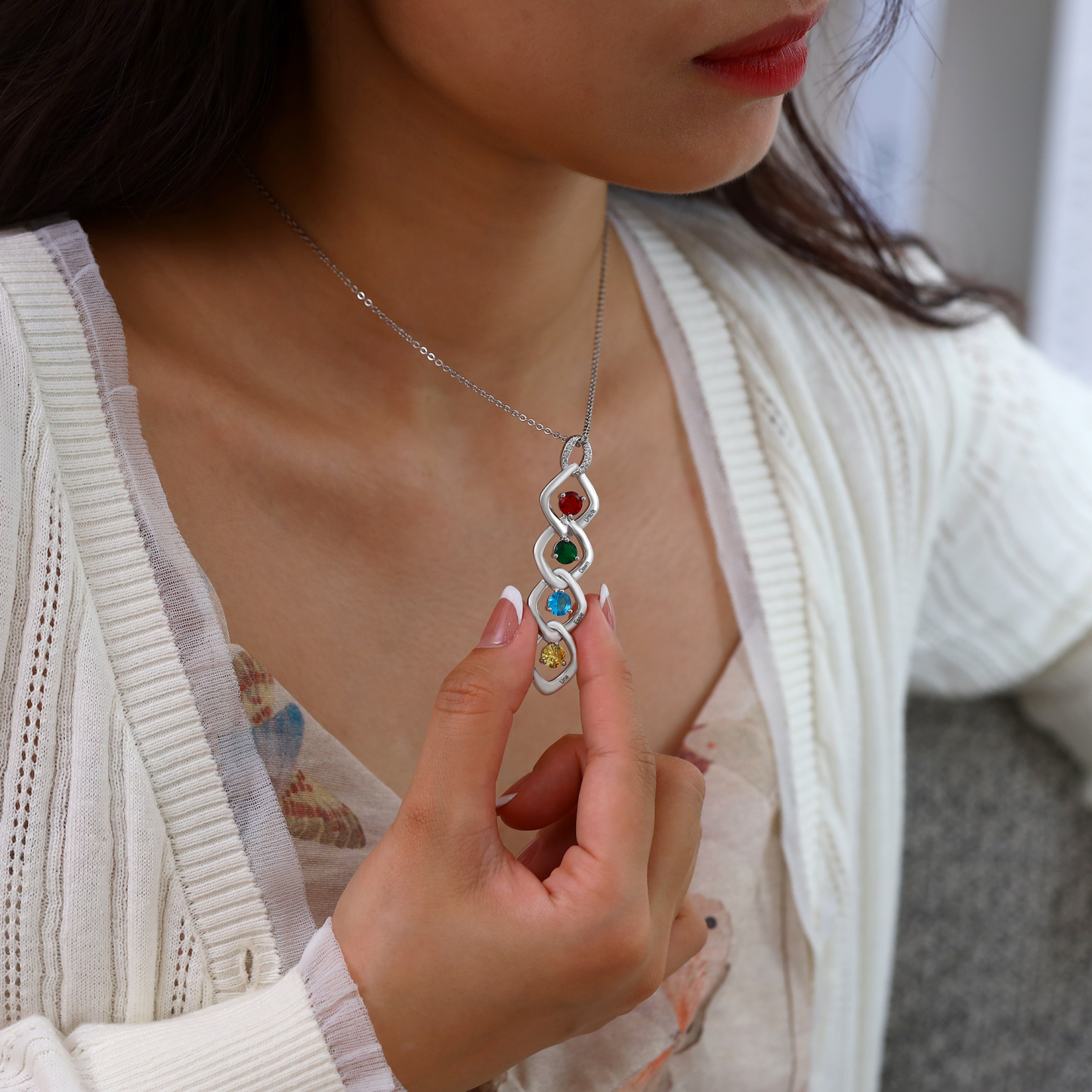 Personalised Pendant Necklace Custom 4 Birthstones Engraved 4 Names Necklace Gift for Women-Jessemade AU