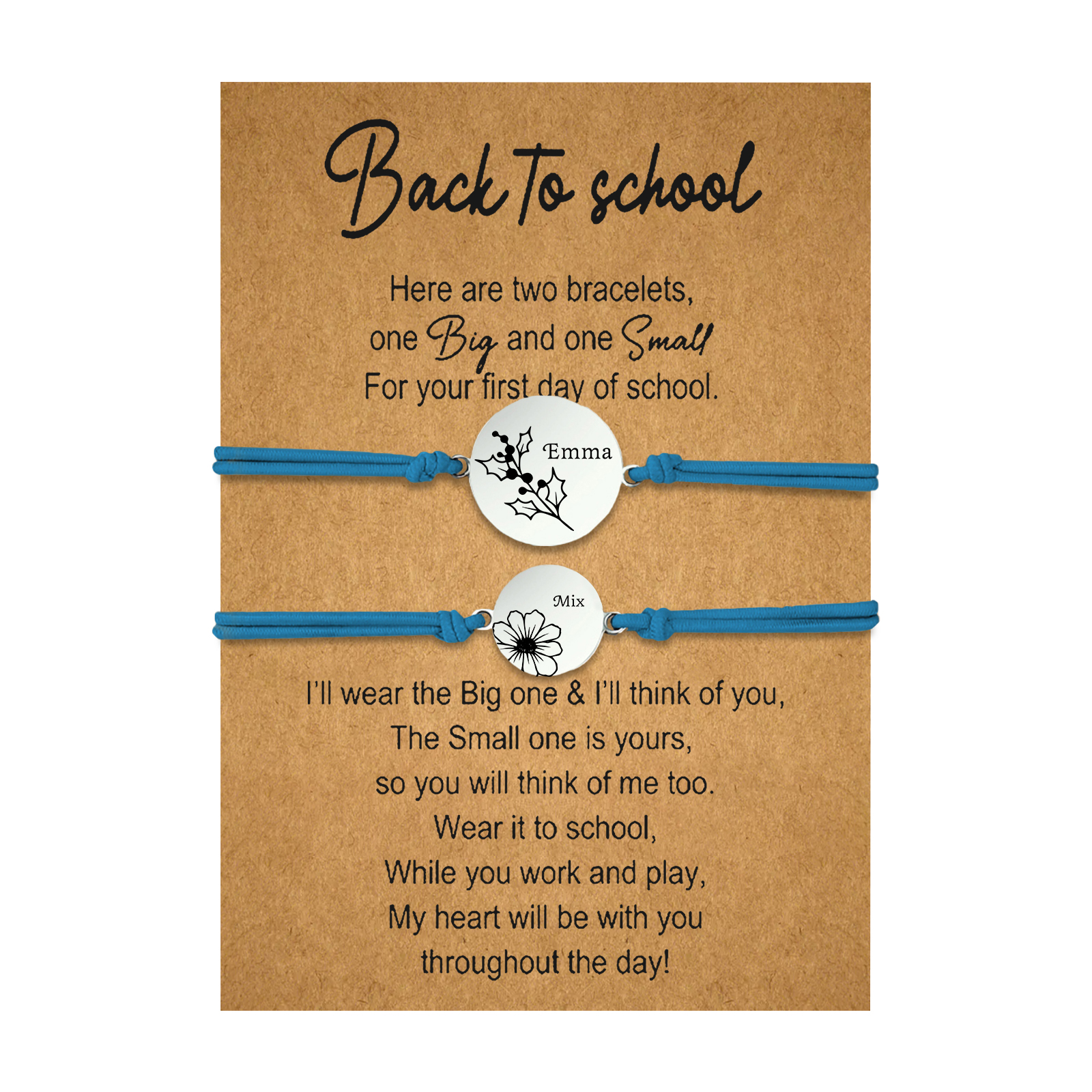 2 Pcs Bracelet Set Personalised Names & Birth Flowers Adjustable Bracelets with Message Card Back to School Gifts for Daughters-Jessemade AU