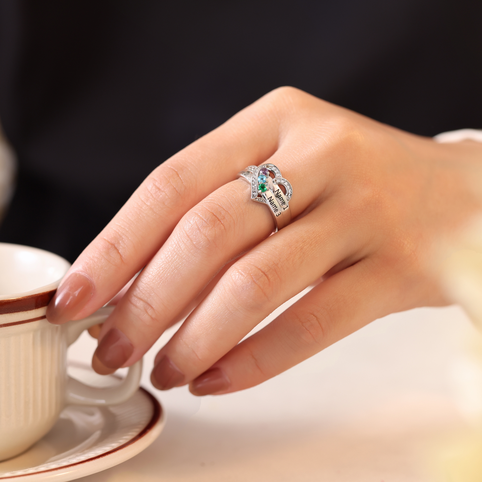 S925 Silver Personalised Mother Ring with 3 Birthstones Heart Family Ring-Jessemade AU