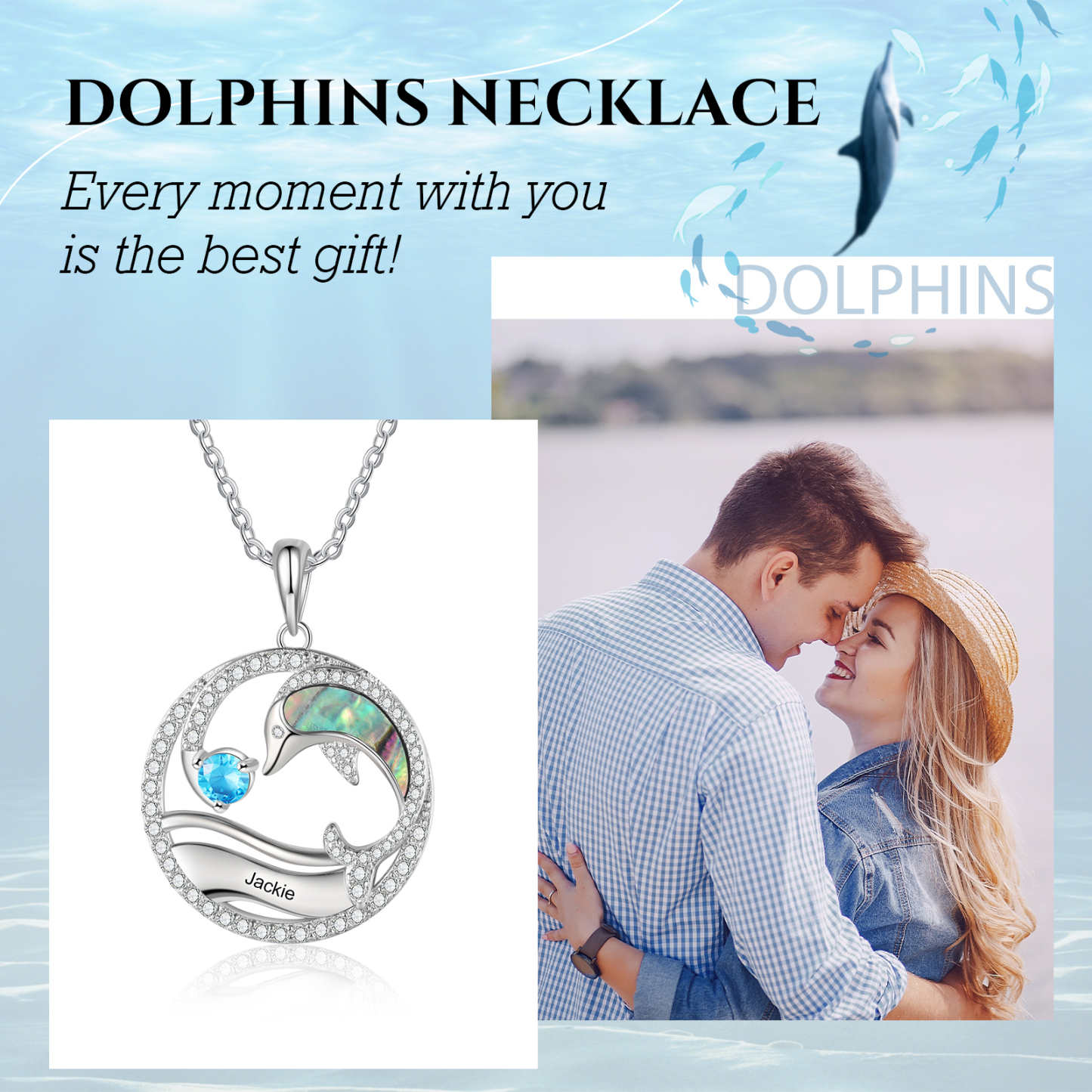 Personalised Dolphin Necklace Customised Birthstone & Name Necklace Gift for Her-Jessemade AU