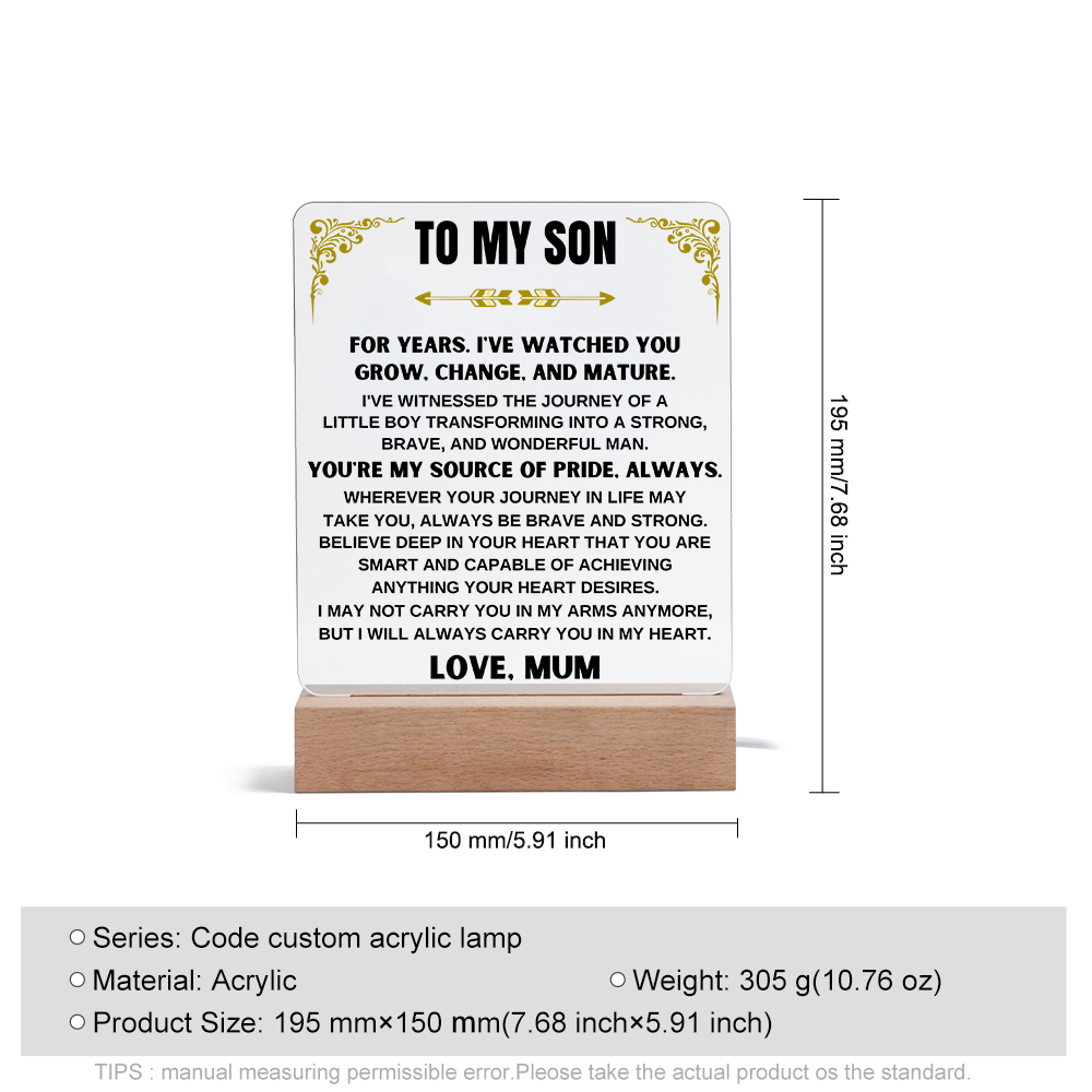 To My Son Acrylic Night Light, "You're My Source Of Pride, Always" LED Lamp Heartwarming Gifts-Jessemade AU