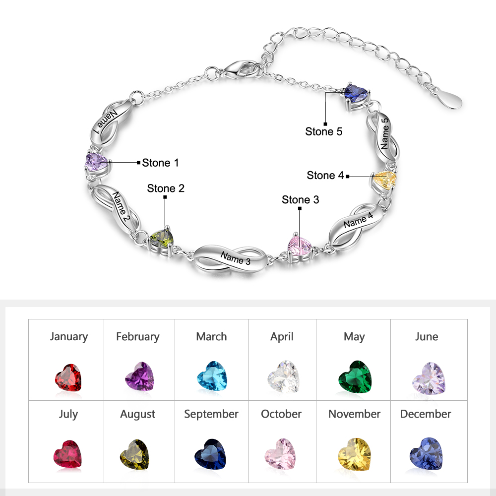 Personalised Infinity Bracelet With 5 Birthstones Engraved Names Bracelet Gift For Women-Jessemade AU
