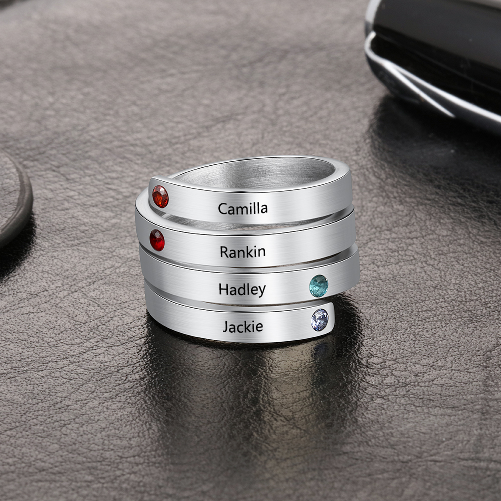 Personalised Ring With 4 Birthstones Engraved Names Ring Gift For Women-Jessemade AU