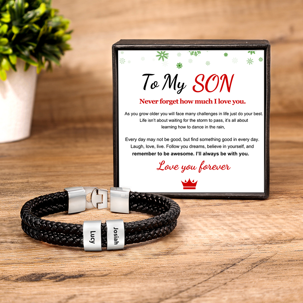 Personalised Braided Leather Bracelet Engraved 2 Names Men's Bracelet for Him