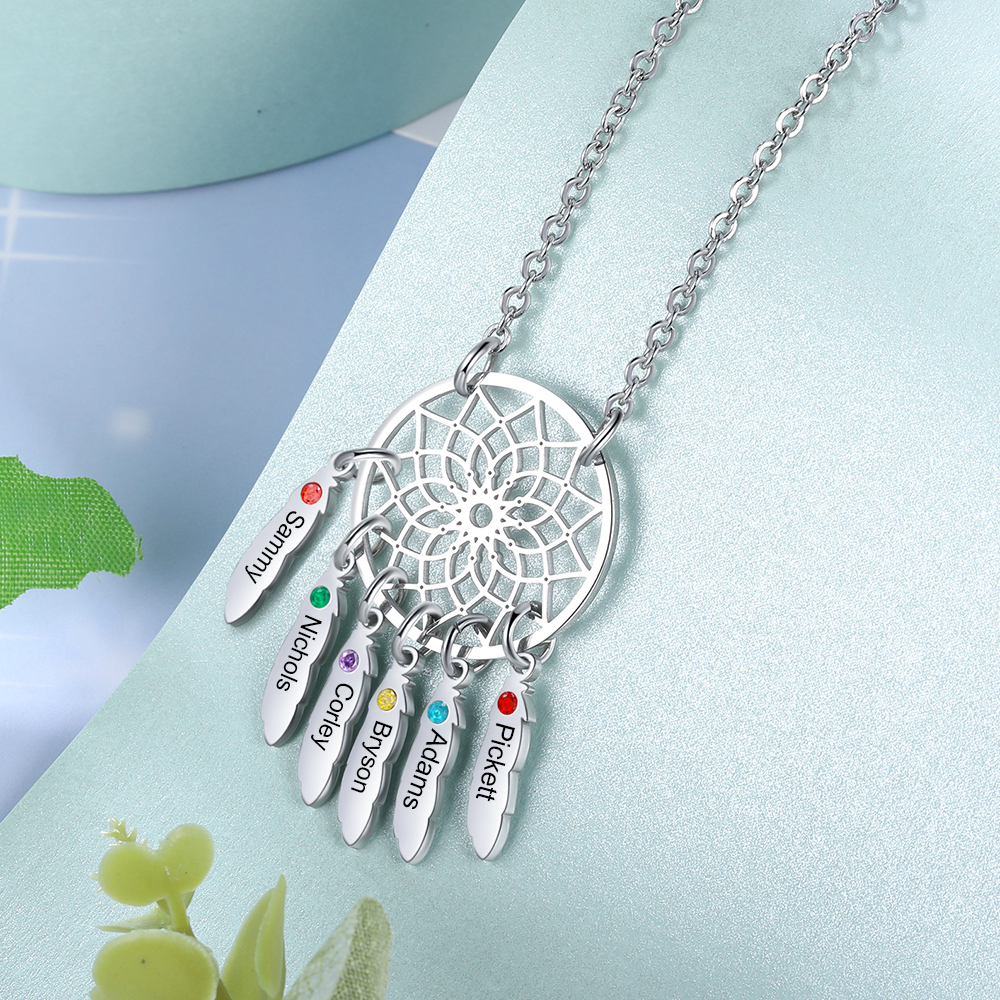 Personalised Dream Catcher Necklace With 6 Birthstones Engraved Names Gift For Women-Jessemade AU