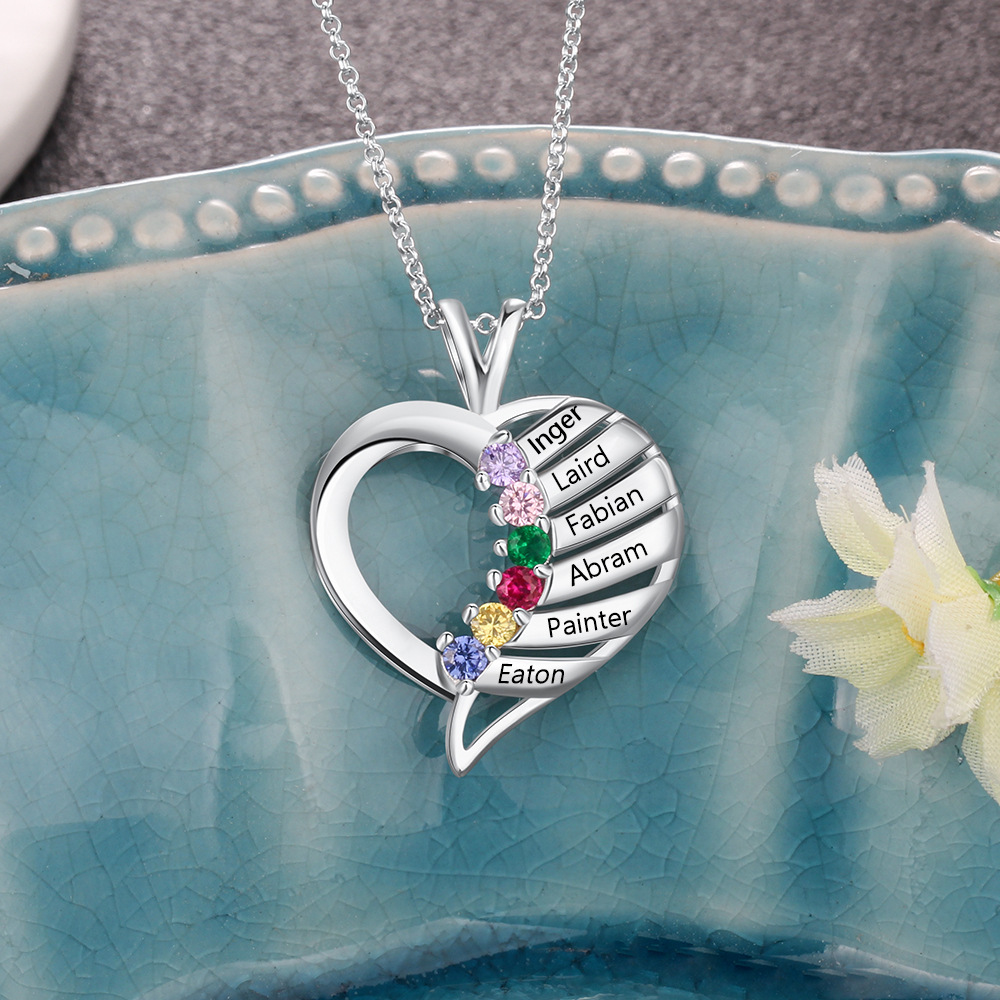 Personalised Heart Necklace With 6 Birthstones Engraved Names Gift For Her-Jessemade AU