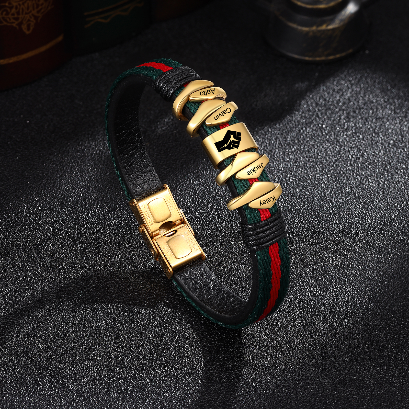 Personalised Leather Bracelet Custom 4 Names Mens Bracelet Silver and Gold-Jessemade AU