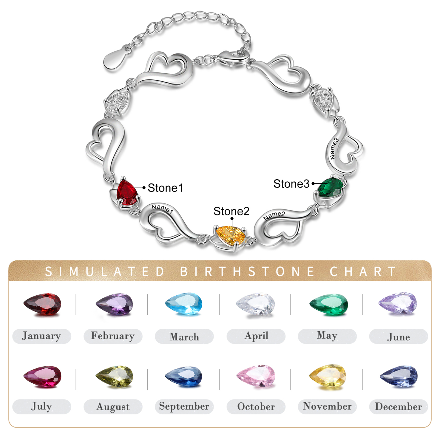 Personalised Heart Bracelet With 3 Birthstones Engraved Name Bracelet Gifts For Her-Jessemade AU