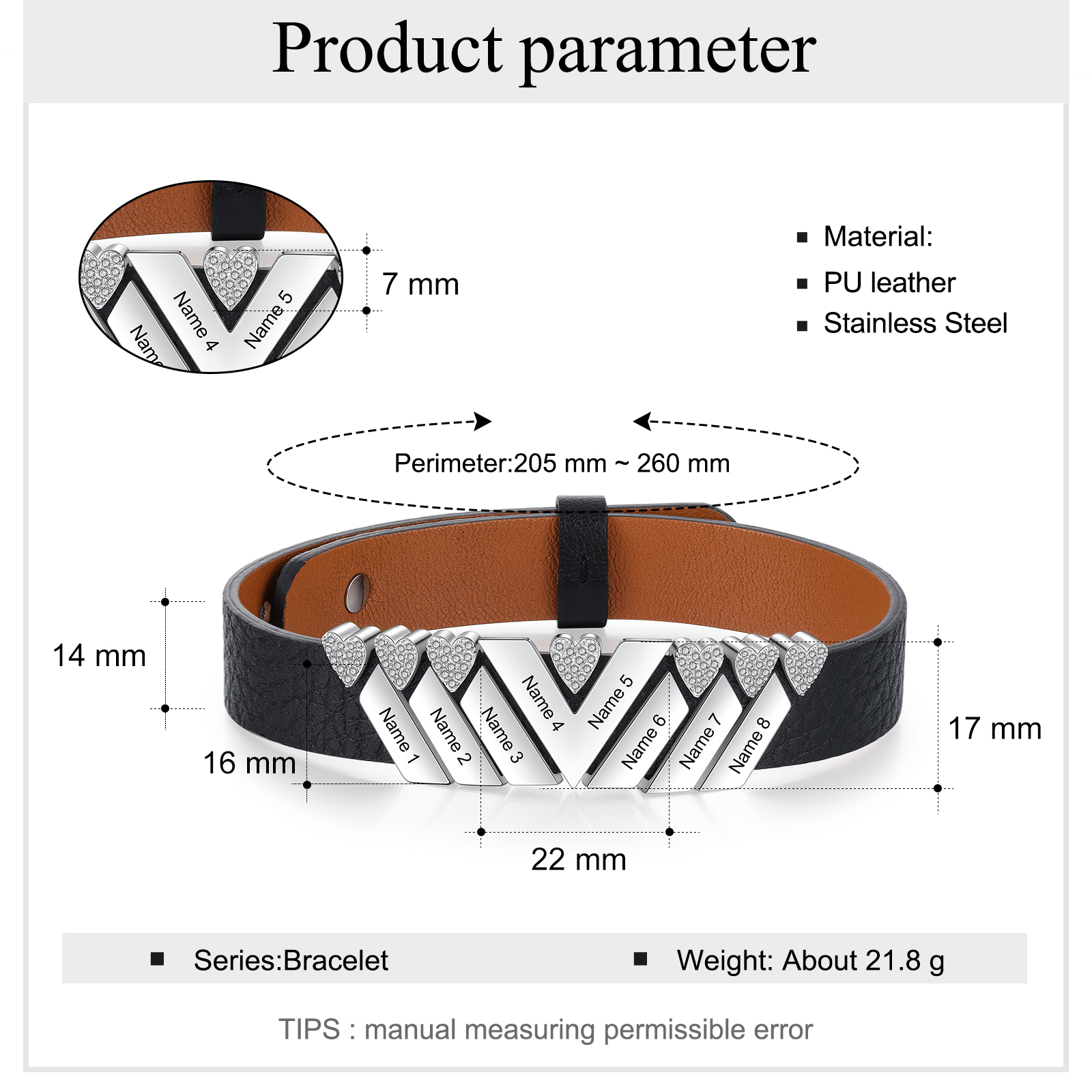 Personalised Leather Bracelet with Beads Engraved 8 Names Bangle for Him-Jessemade AU