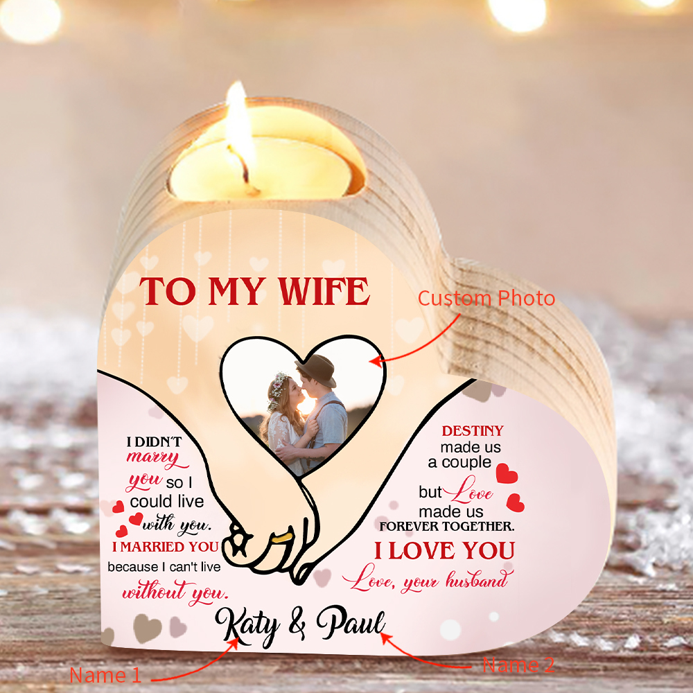 Personalised Love Couple Heart Candle Holder Engrave Photo Wooden Candlesticks Valentines Gift-Jessemade AU