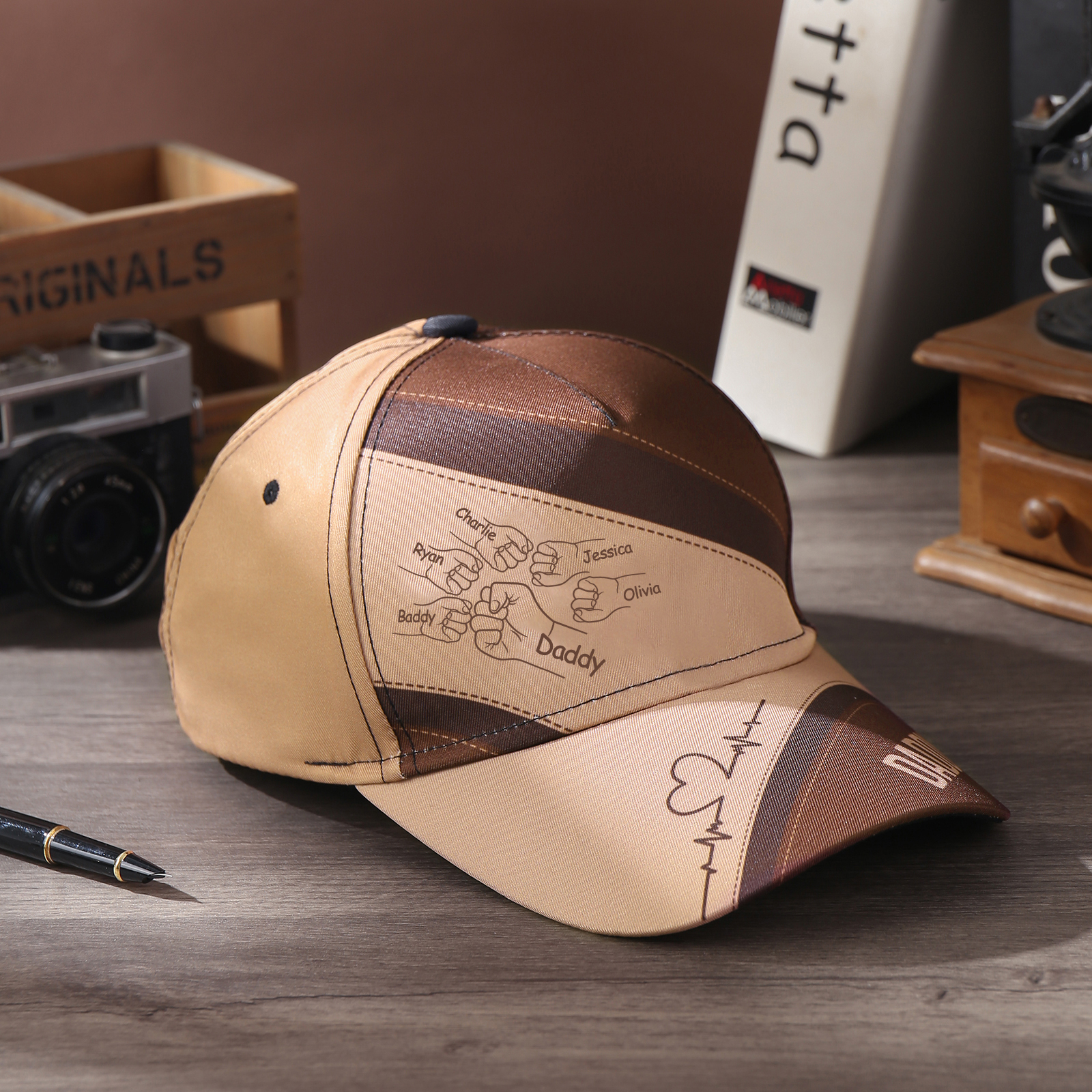 Personalised Fist Bump Classical Baseball Cap Custom 6 Names & 1 Text Snapback Adjustable Gift for Dad/Grandpa/Husband-Jessemade AU