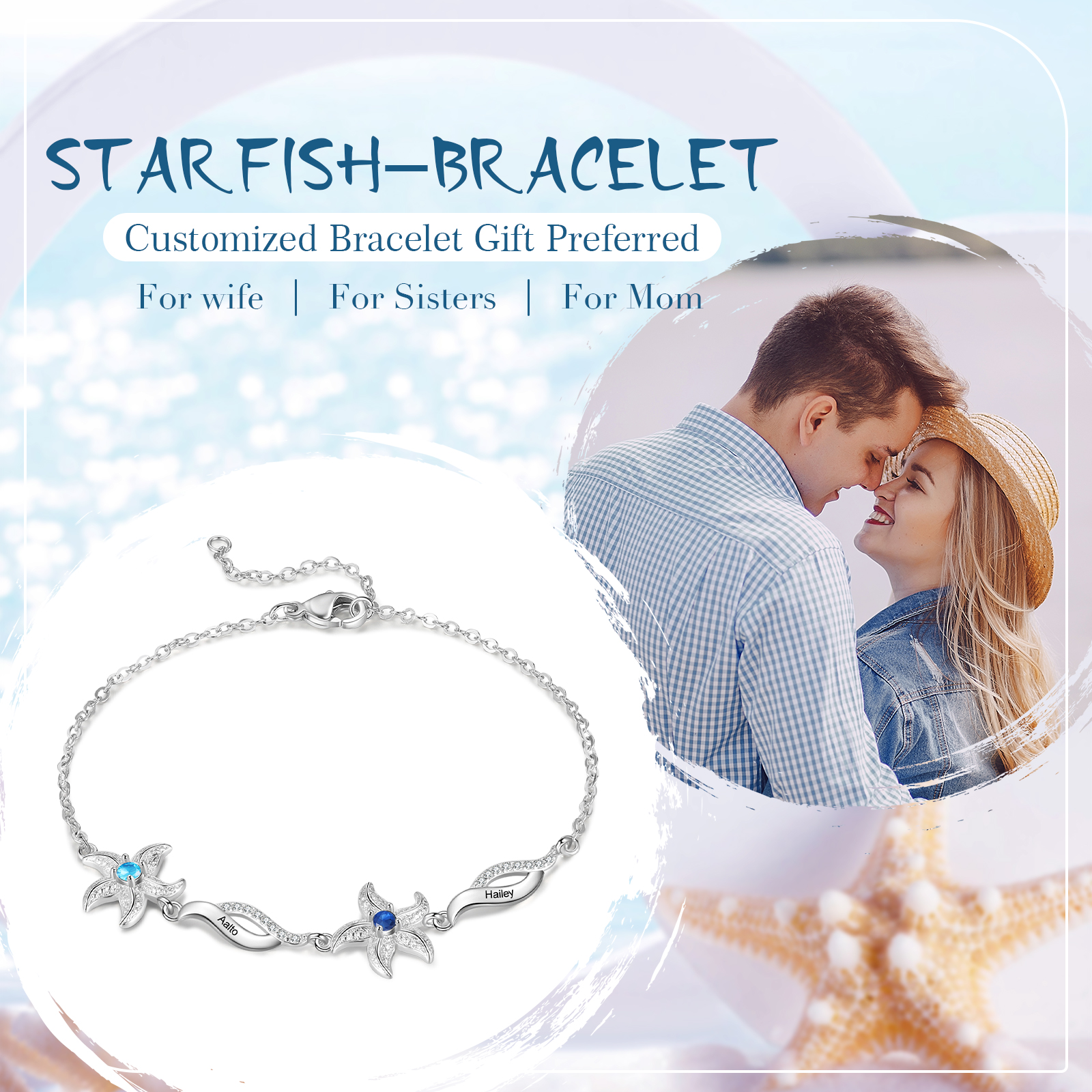 Personalised Women's Bracelet Custom 2 Birthstones Bracelet Starfish Adjustable Bracelet Mother's Day Gift for Her-Jessemade AU