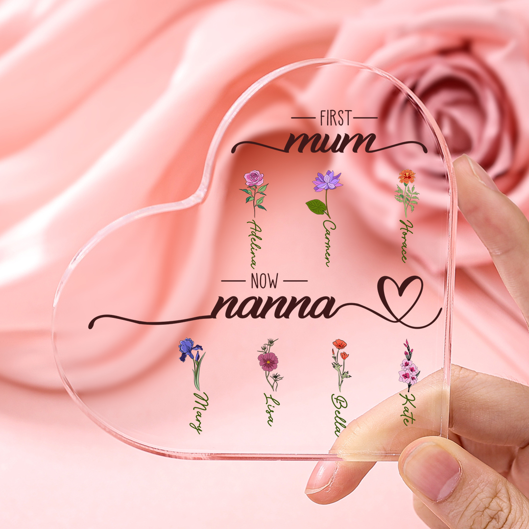First Mum, Now Nanna - Personalised Acrylic Heart Keepsake Custom 2–10 Names & Birth Flowers Ornament Mother's Day Gift-Jessemade AU