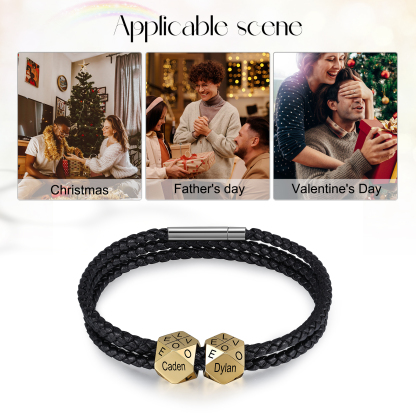 Personalised Braided Leather Bracelet Engraved 4 Names polyhedron Men's Bracelet Gifts For Him-Jessemade AU