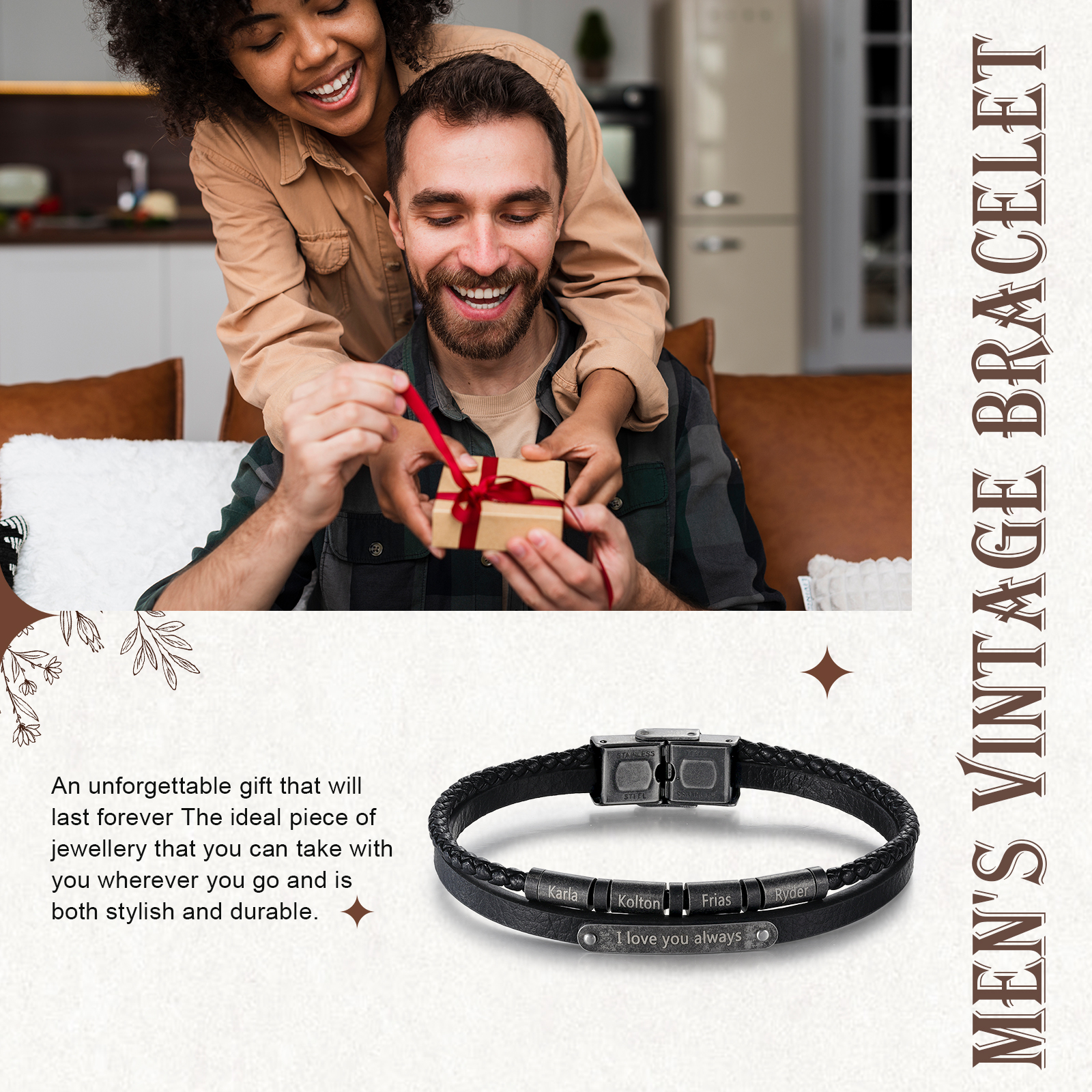 4 Names - Personalised Men's Leather Bracelet Custom Name & Text Bracelet Vintage Gift for Him-Jessemade AU