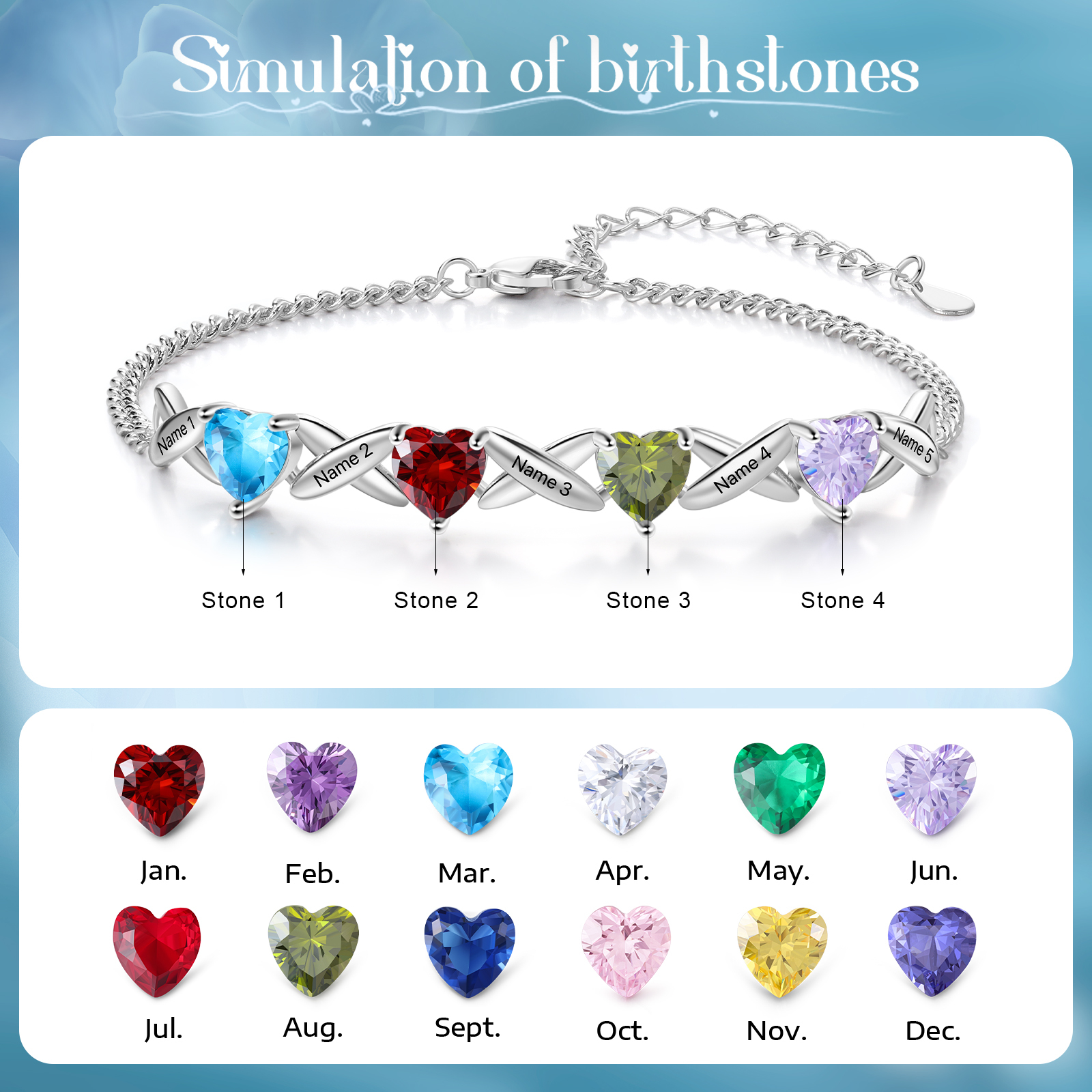 Custom 4 Birthstones Bracelet Engraved 5 Names Bracelet Personalised Birthday Gift for Her-Jessemade AU