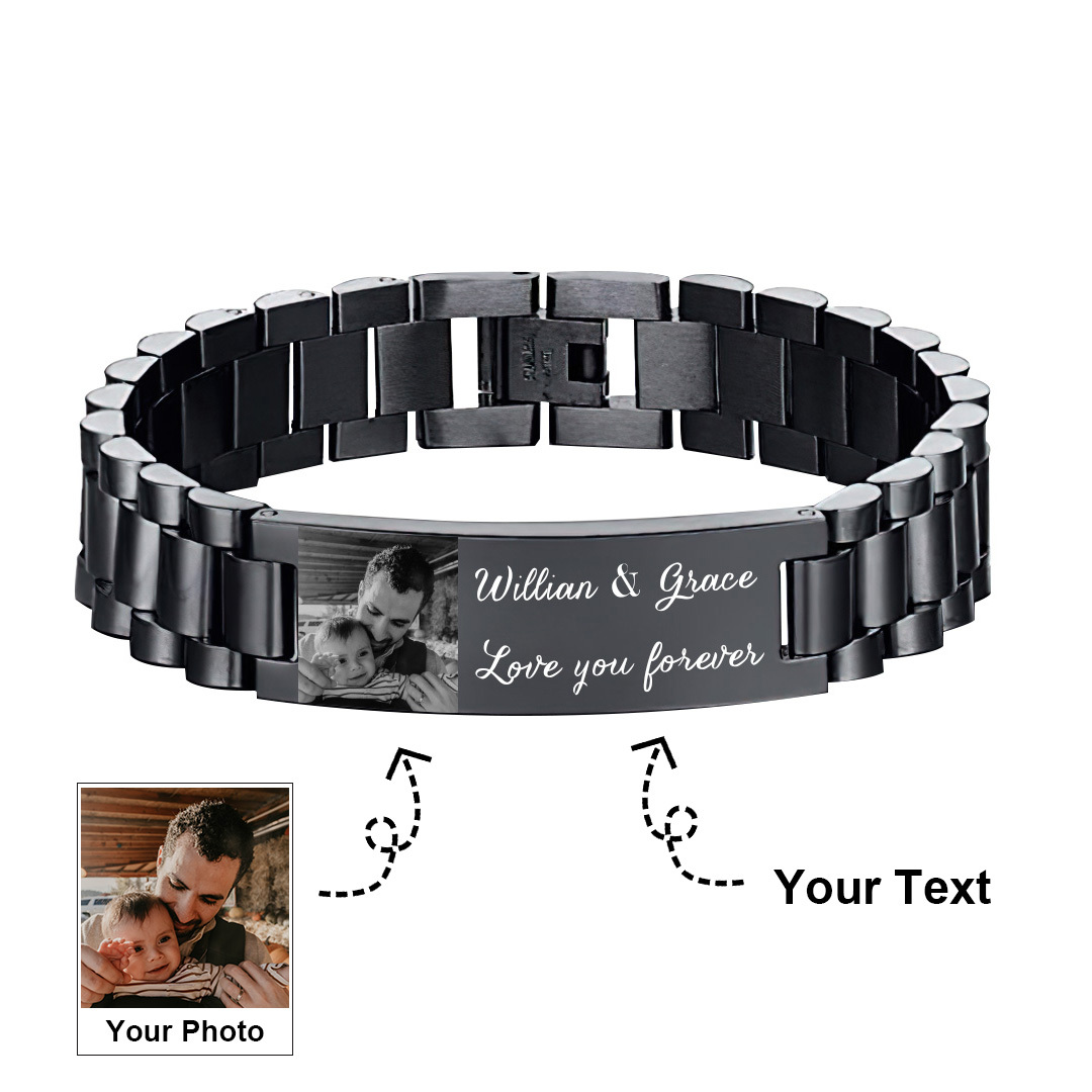 Personalised Men's Bracelet Custom Photo Wristband Initial ID Bar Bangle Gifts For Him-Jessemade AU