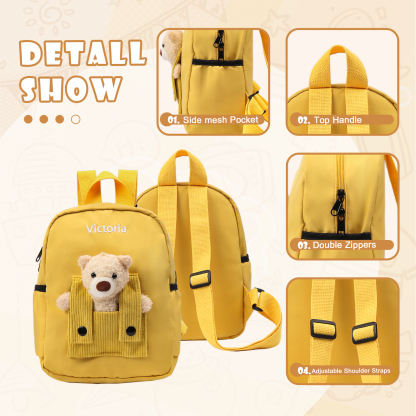 Personalised Bear School Bag Custom Name Canvas Backpack Back To School Gift for Kids-Jessemade AU