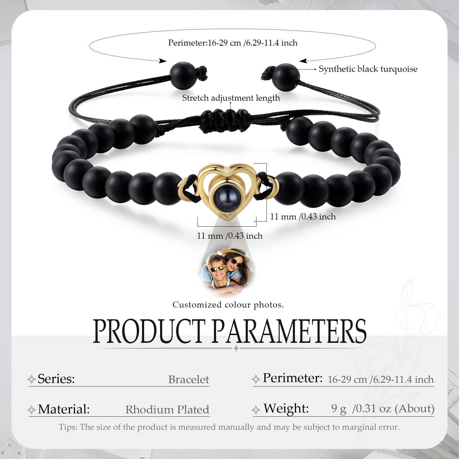 Personalised Projection Beaded Bracelet Customised Photo Bracelet Black Adjustable Bracelet Personalised Gift for Couples-Jessemade AU