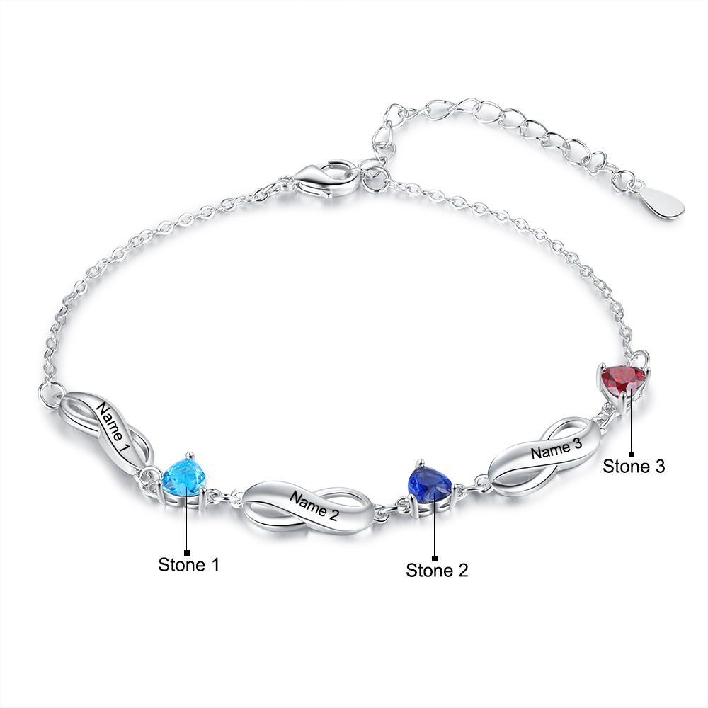 Personalised Infinity Bracelet With 3 Birthstones Engraved Names Bracelet Gift For Women-Jessemade AU
