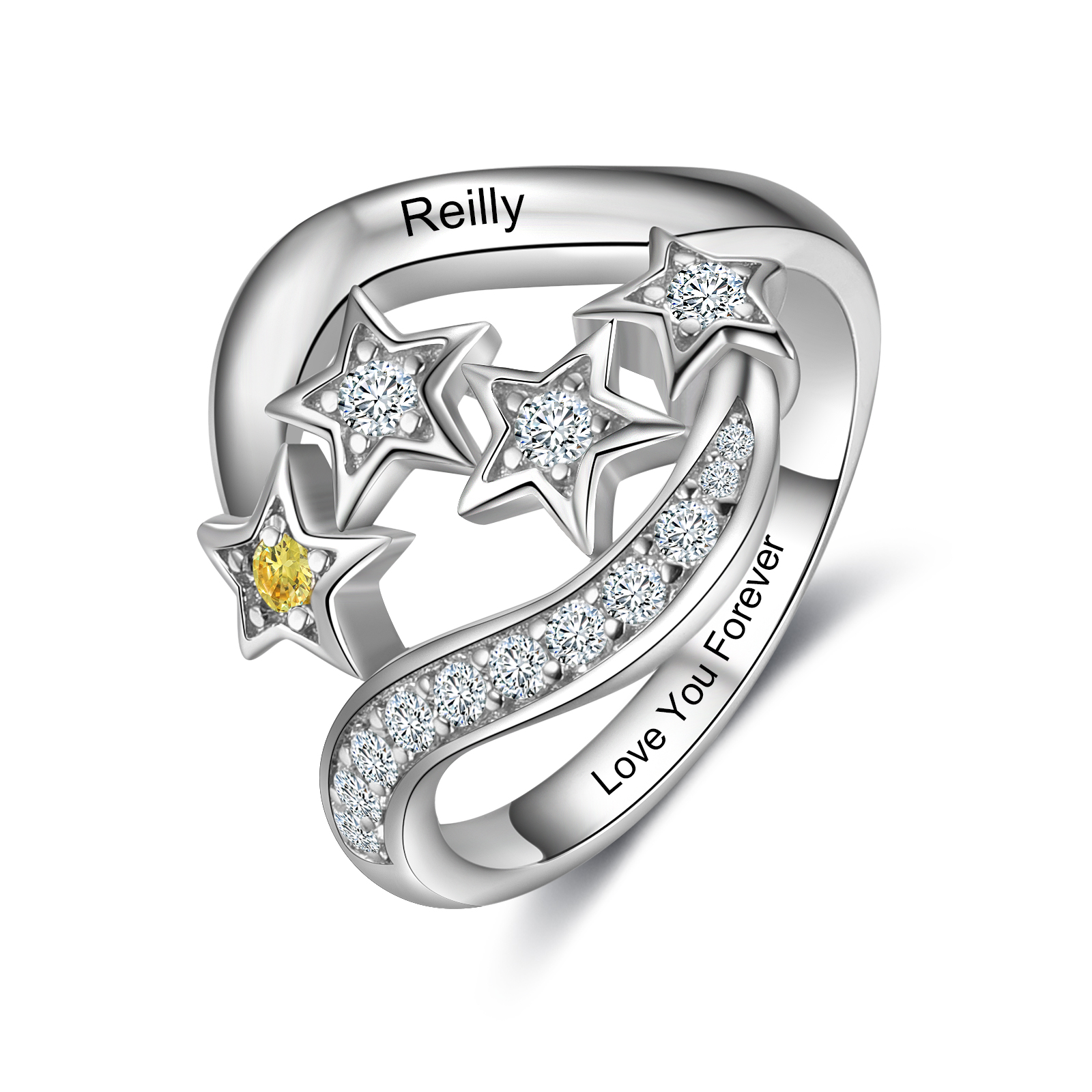Personalised Star Ring With 1 Birthstone Engraved Names Ring Gift For Women-Jessemade AU