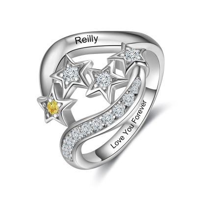 Personalised Star Ring With 1 Birthstone Engraved Names Ring Gift For Women-Jessemade AU