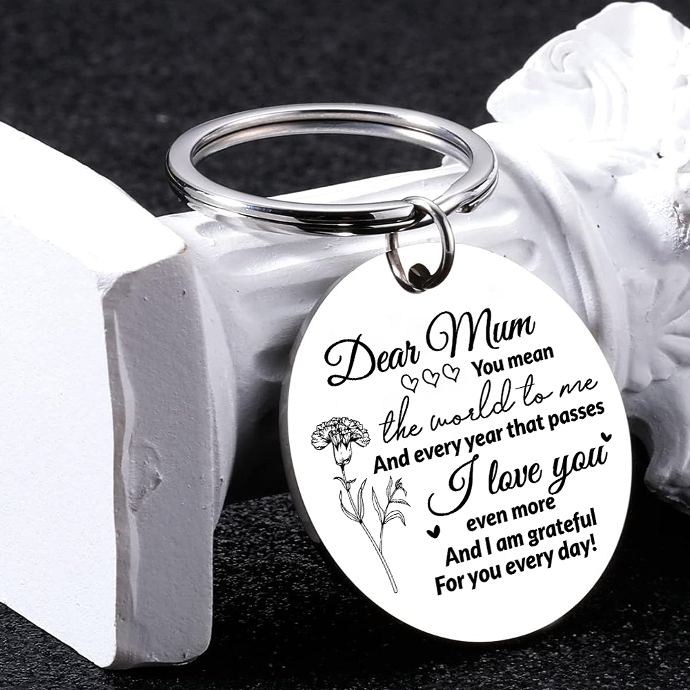 Personalised Text Keychain Circle Pendant Carnation Keychain Gift for Mum/Mom - You Mean The World To Me -Jessemade AU