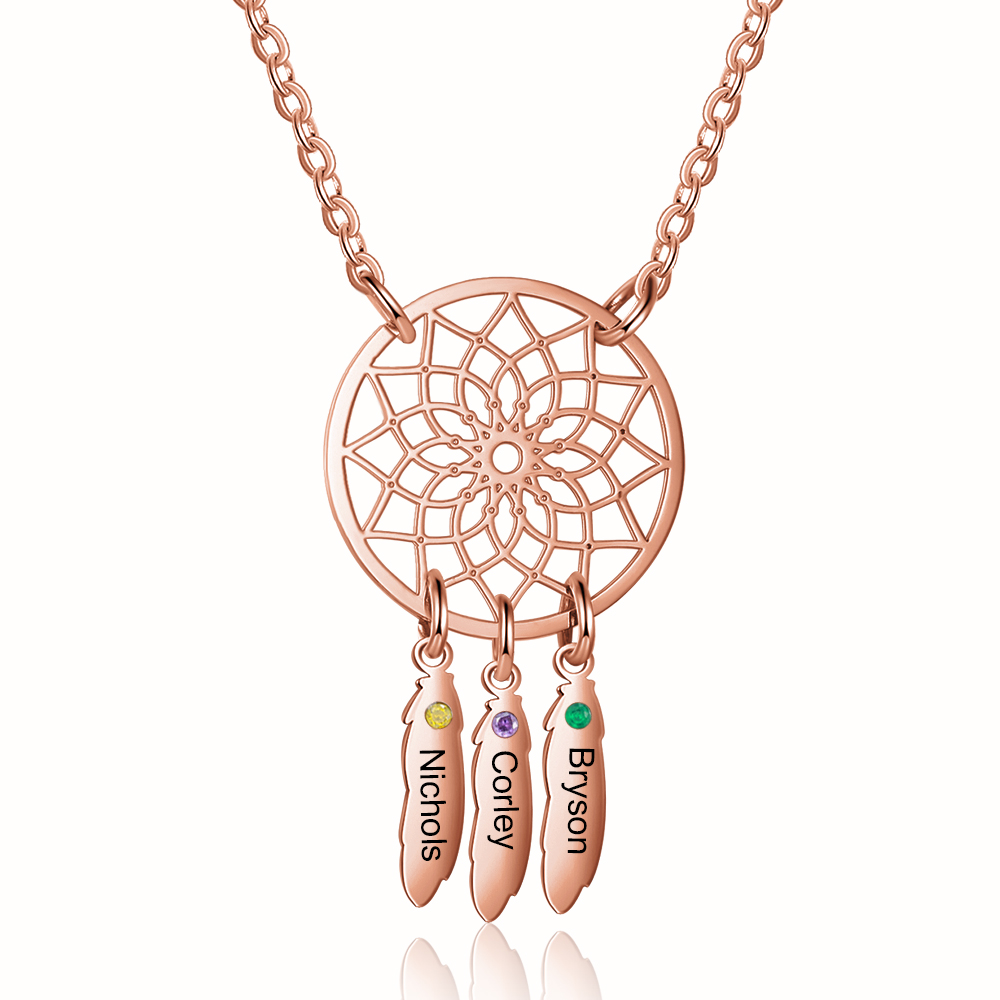 Personalised Dream Catcher Necklace With Birthstone Custom 3 Names Necklace Gift For Mother