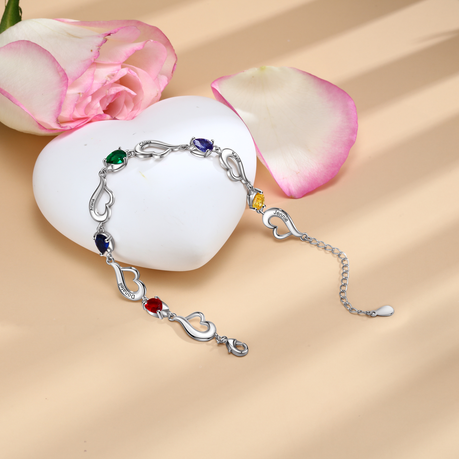 Personalised Heart Bracelet With 5 Birthstones Engraved Name Bracelet Gifts For Her-Jessemade AU