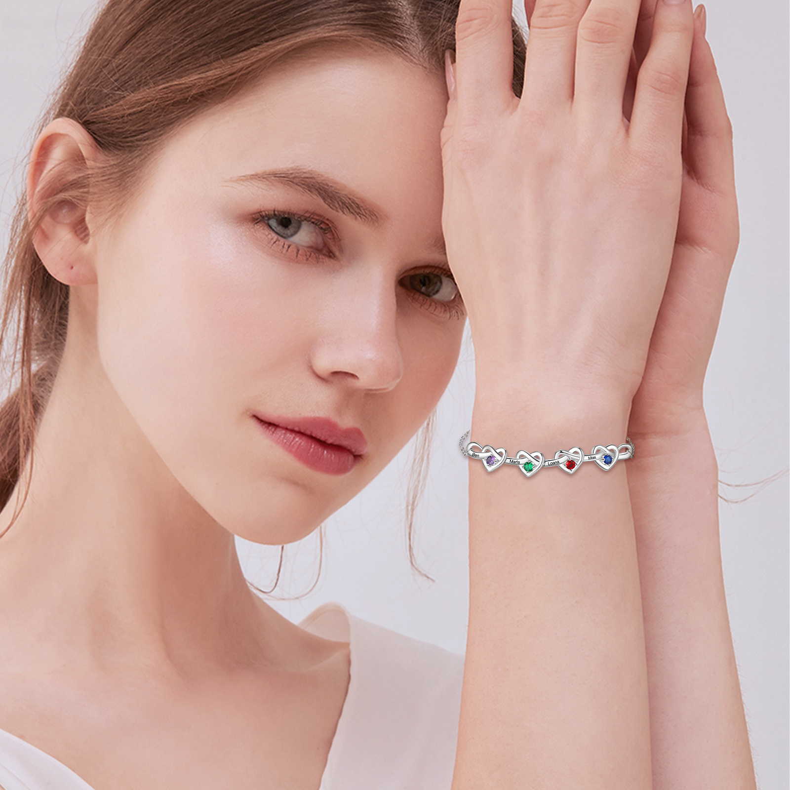 4 Names - Personalised Linked Heart Bracelet Custom 4 Birthstones Engraved Text Bracelets-Jessemade AU