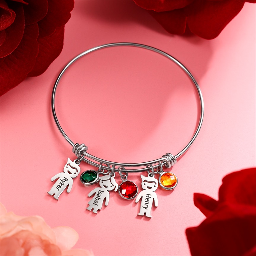 Bangle Bracelet with Kids Charms Persoanlized with 4 Birthstone Custom Bracelets Rose Box Set-Jessemade AU