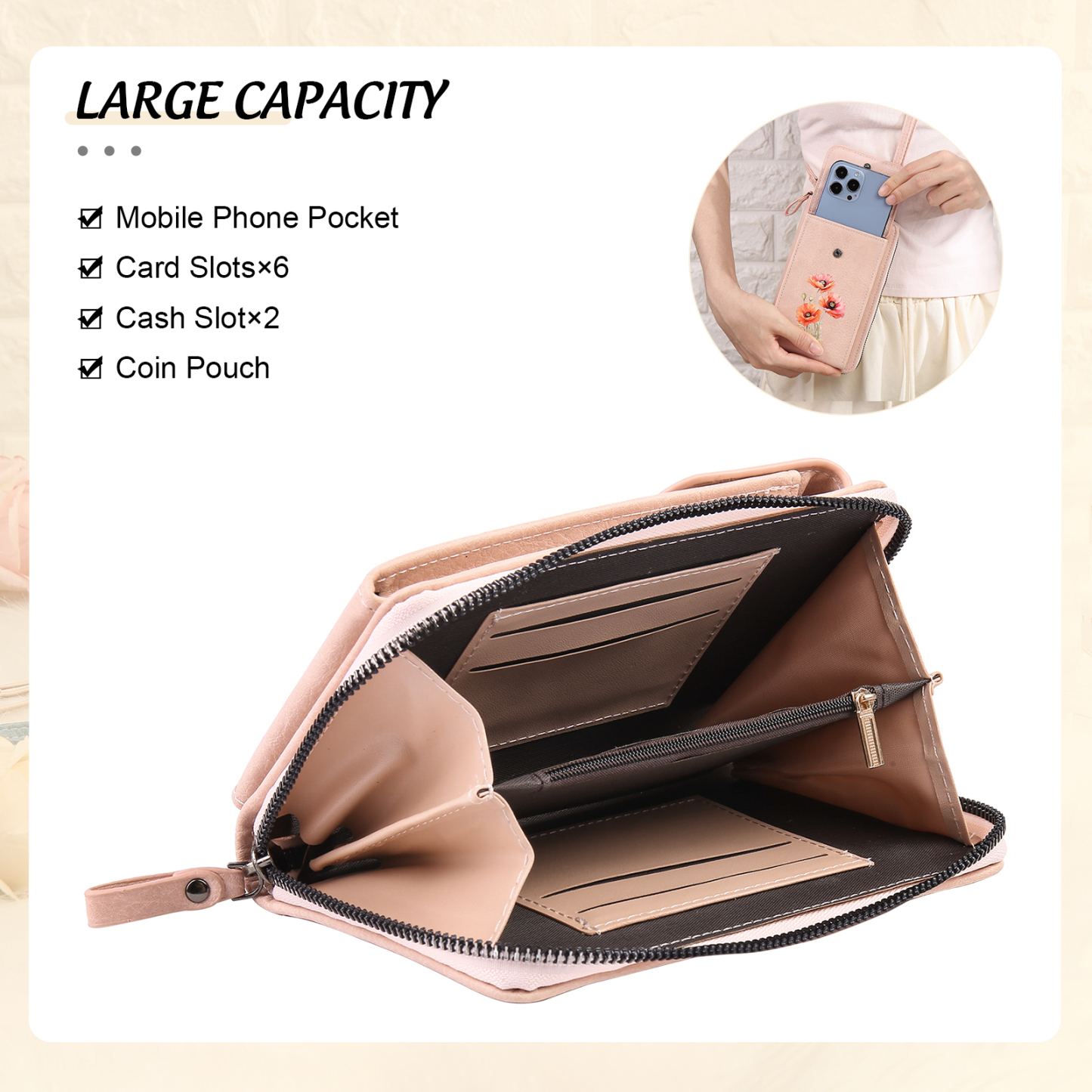 Personalised Women's Leather Wallet Custom Birthday Flower & Name Mobile Phone Wallet Zipper Crossbody Bag