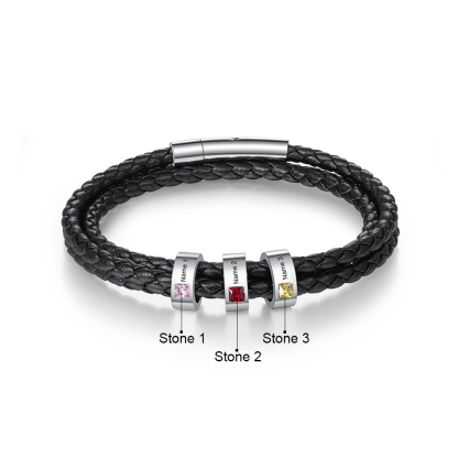 Personalised 3 Layer Leather Bracelet with 3 Beads Engraved Names Men's Bracelets for Him-Jessemade AU