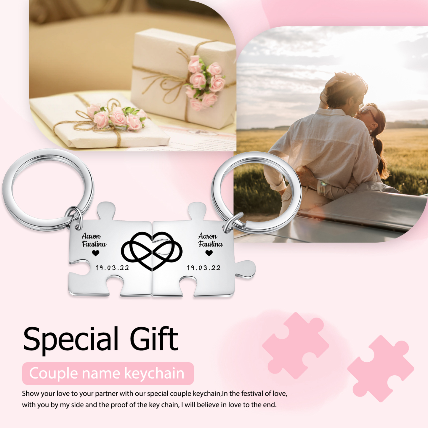 Personalised Puzzle Couple Keychain Set Engrave 2 Names & Date Keyring Infinity Love Matching Couple Gifts-Jessemade AU