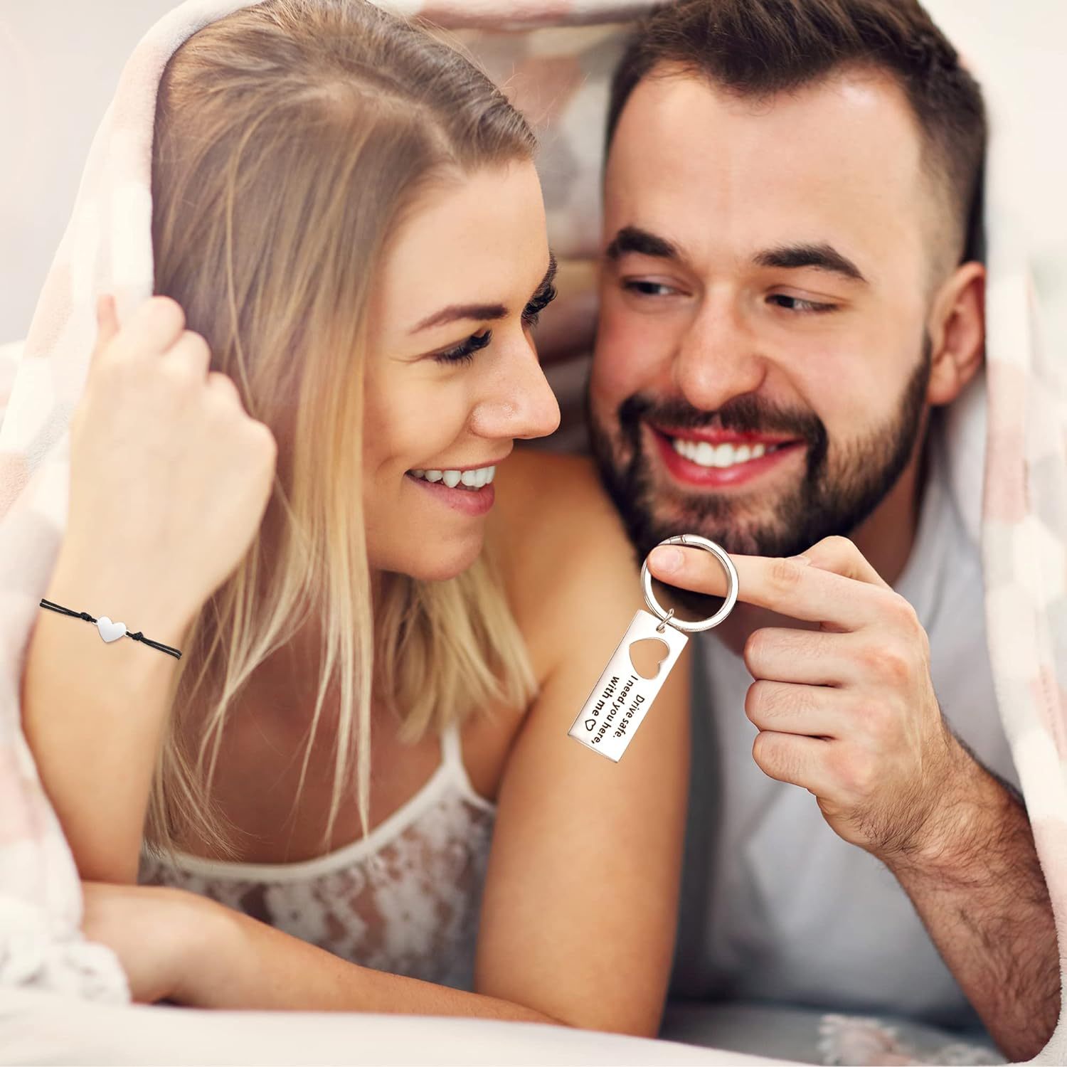 To My Husband Matching Keychain Bracelet Set Heart Keychain Adjustable Bracelet Gifts for Couple - Drive Safe I Need You Here With Me-Jessemade AU